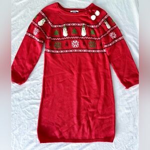 Hartstrings Girls Christmas Sweater Dress Size 10/12 Red Snowman Holiday Knit